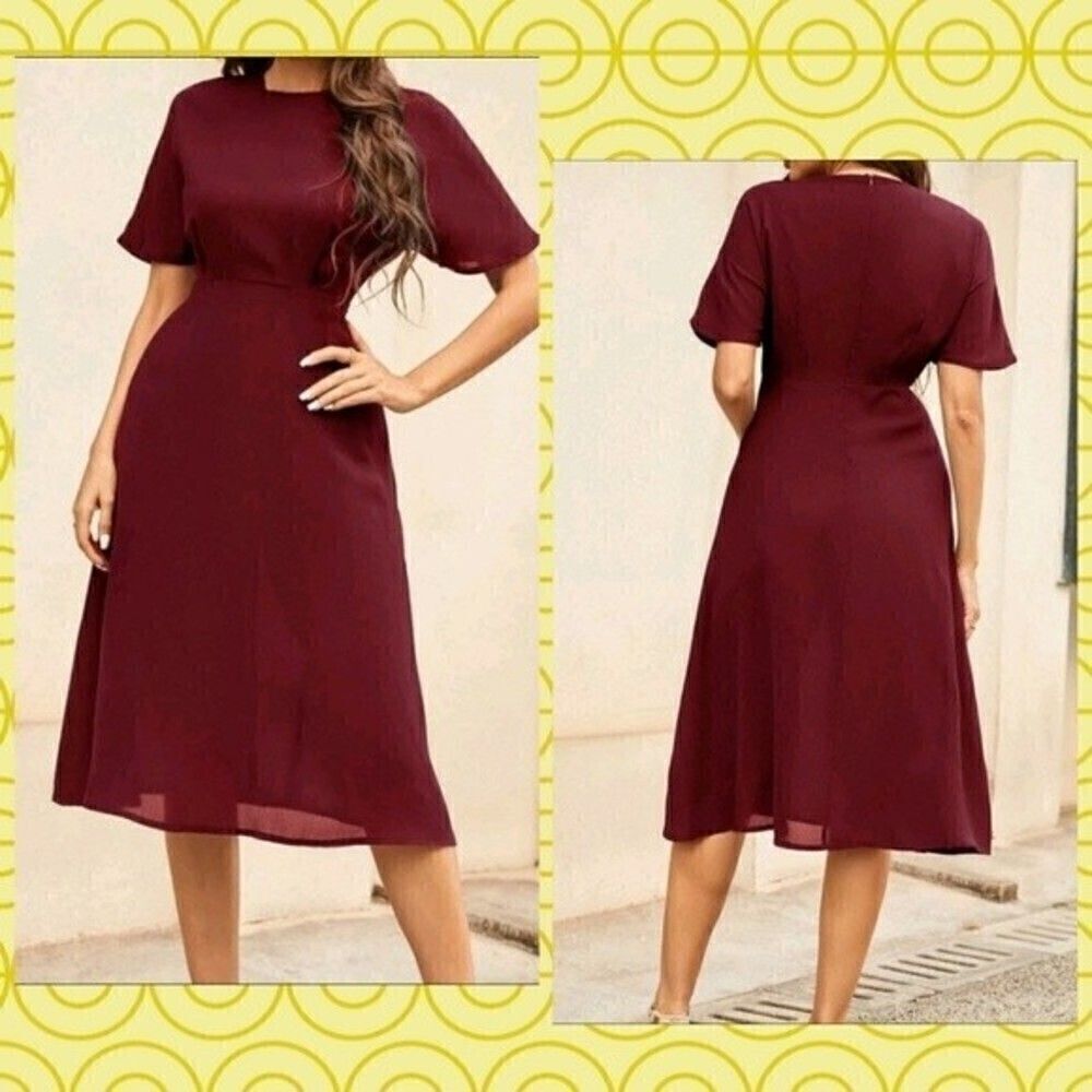 Women’s Burgundy A-Line Dress Solid Zipper Back Elegant Casual Dress Large